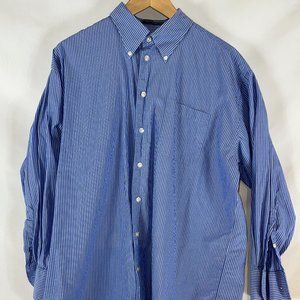 Nautica Button-Down Mens Shirt Size 17 32/33 Blue with White Stripes